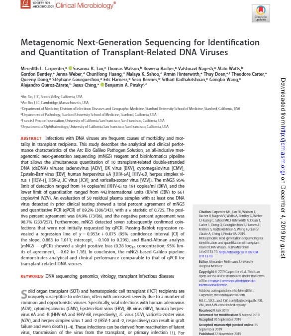Paper – Metagenomic Next-Generation Sequencing for Identification and Quantitation of Transplant-Related DNA Viruses